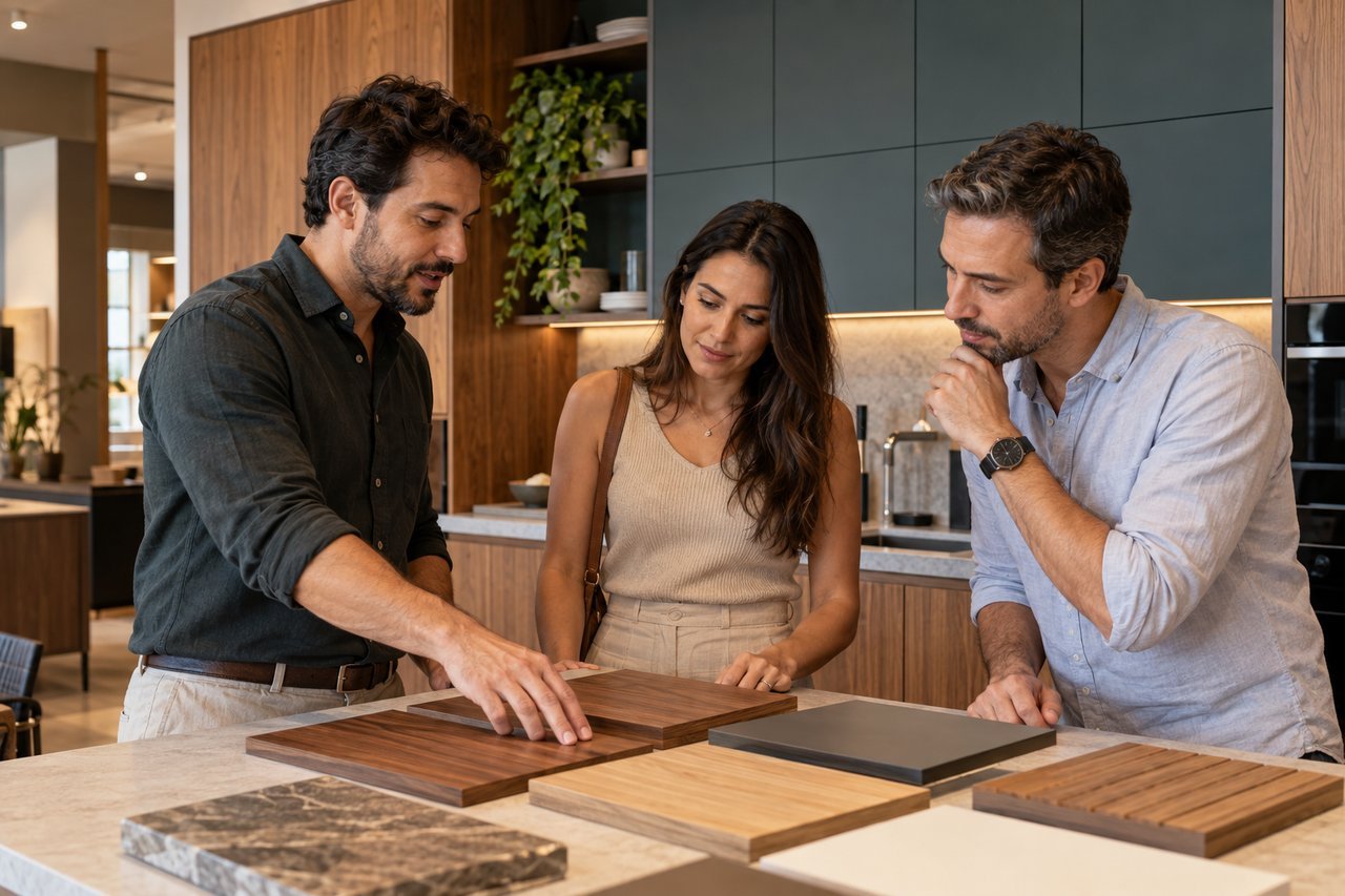 Consultor apresenta amostras de acabamentos a um casal em um showroom de móveis planejados